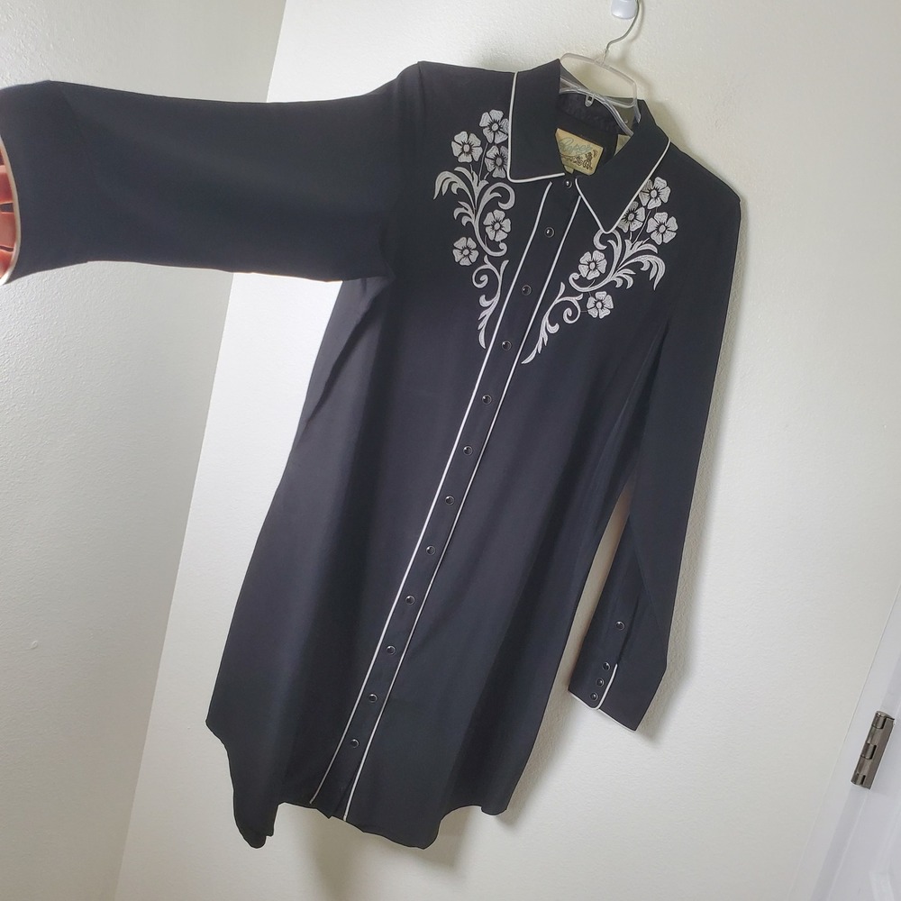 Roper Western Shirt Dress Black Floral Embroidered Long Sleeve Pearl Snap XL - Picture 4 of 12